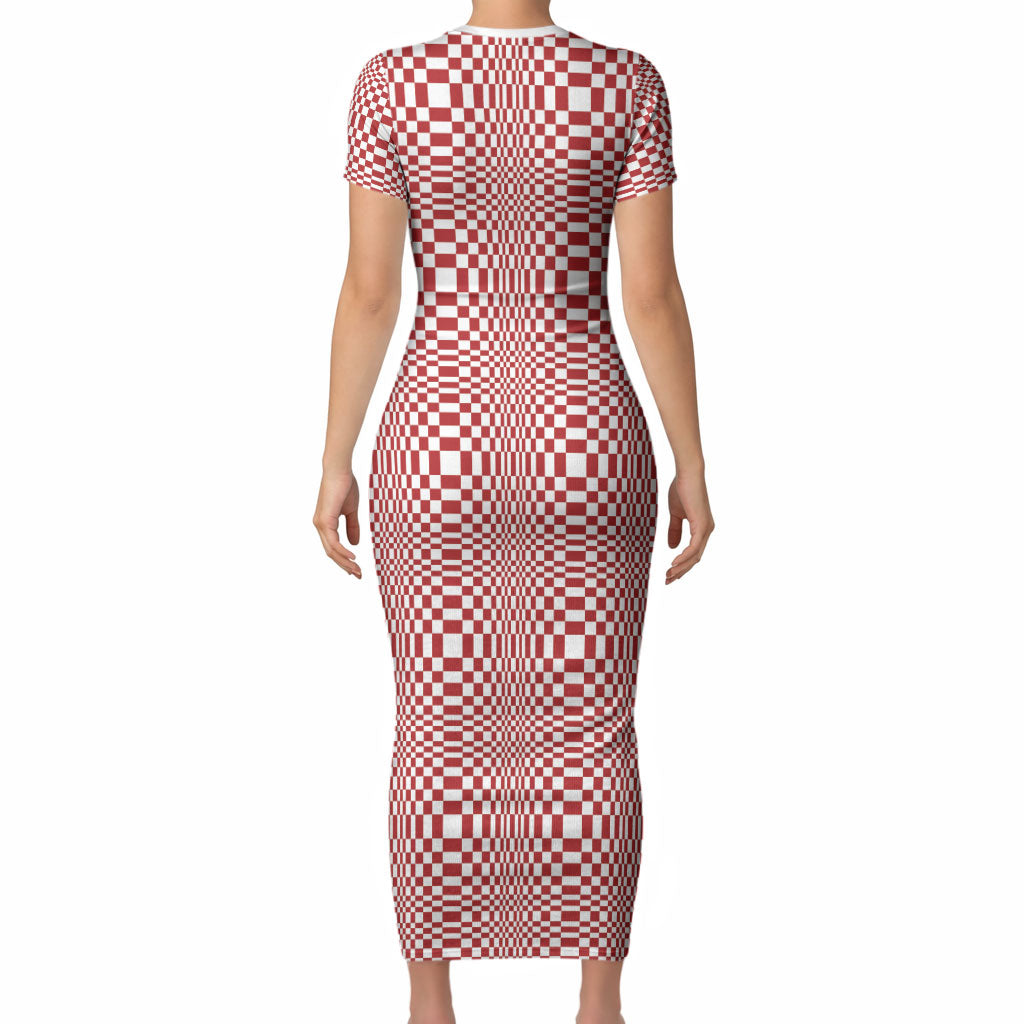 Red White Filipino Binakol Motifs Short Sleeve Bodycon Dress Mabuhay Philippines Festival Kusikus Pattern