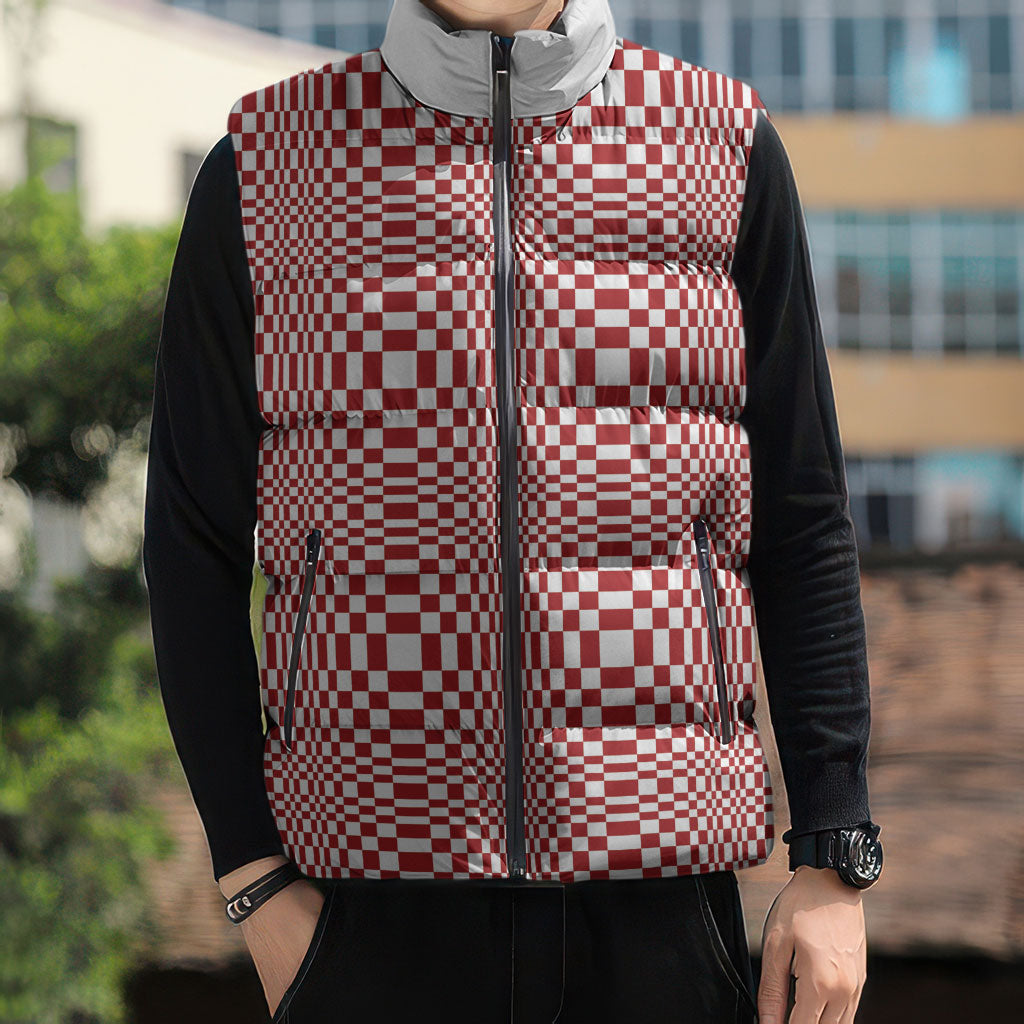 Red White Filipino Binakol Motifs Sleeveless Puffer Jacket Mabuhay Philippines Festival Kusikus Pattern