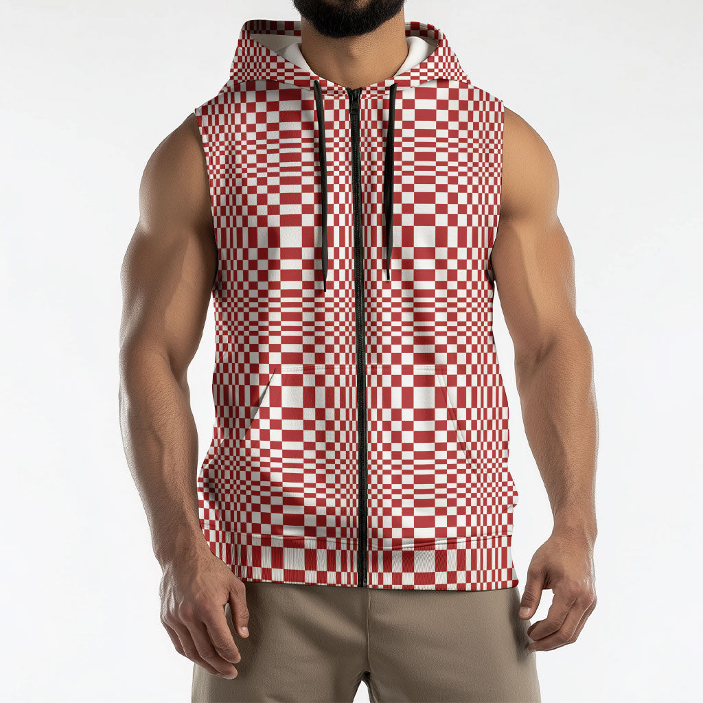 Red White Filipino Binakol Motifs Sleeveless Zip Hoodie Mabuhay Philippines Festival Kusikus Pattern
