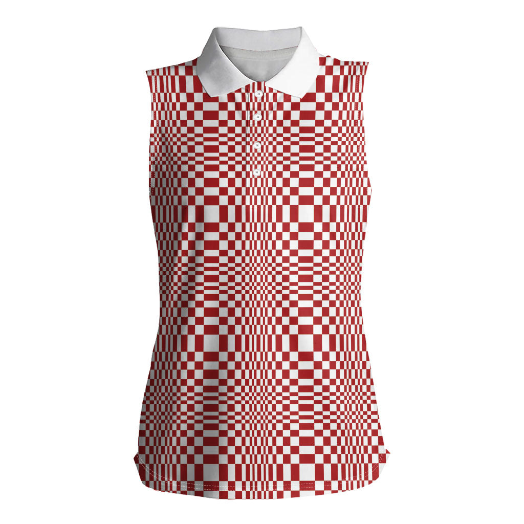 Red White Filipino Binakol Motifs Women Sleeveless Polo Shirt Mabuhay Philippines Festival Kusikus Pattern