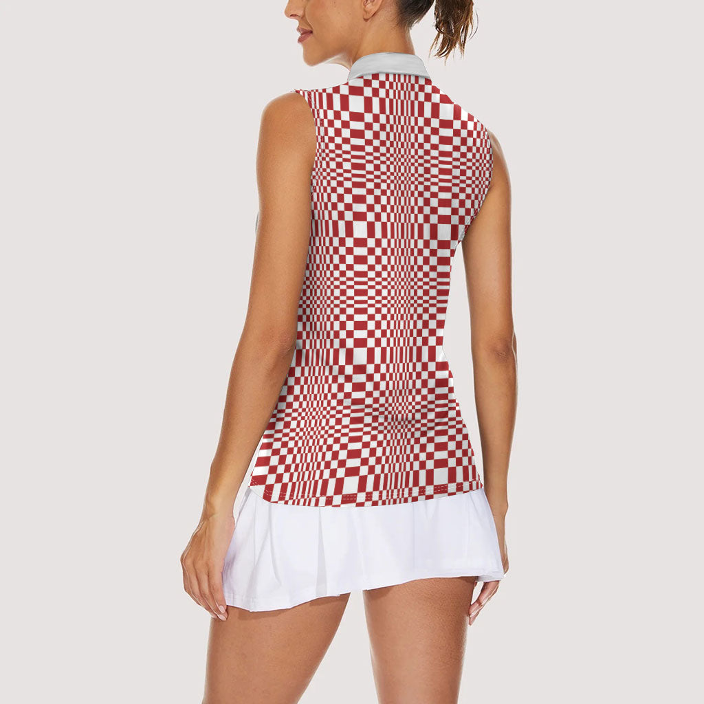 Red White Filipino Binakol Motifs Women Sleeveless Polo Shirt Mabuhay Philippines Festival Kusikus Pattern