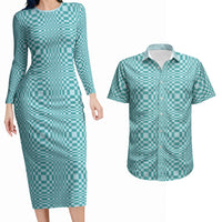 Cyan Filipino Binakol Motifs Couples Matching Long Sleeve Bodycon Dress and Hawaiian Shirt Mabuhay Philippines Festival Kusikus Pattern