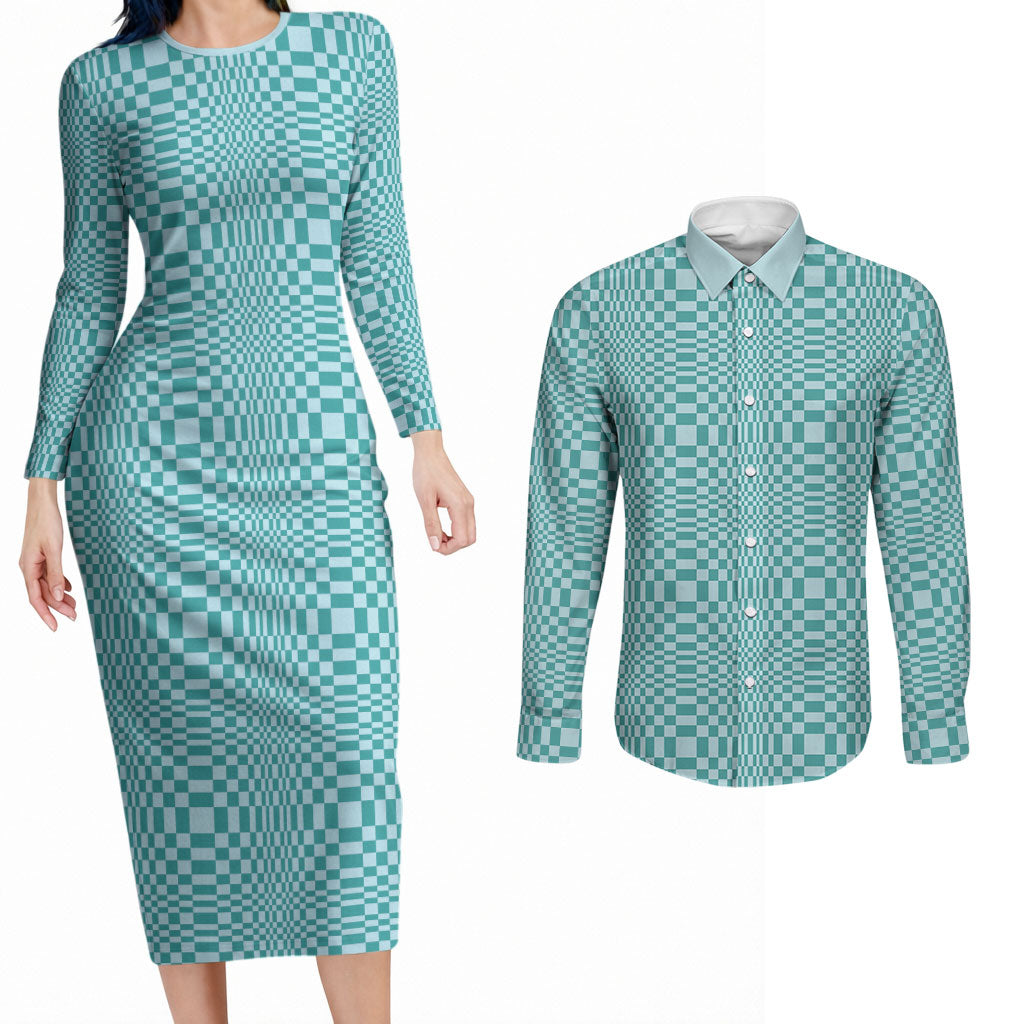 Cyan Filipino Binakol Motifs Couples Matching Long Sleeve Bodycon Dress and Long Sleeve Button Shirt Mabuhay Philippines Festival Kusikus Pattern