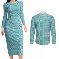 Cyan Filipino Binakol Motifs Couples Matching Long Sleeve Bodycon Dress and Long Sleeve Button Shirt Mabuhay Philippines Festival Kusikus Pattern