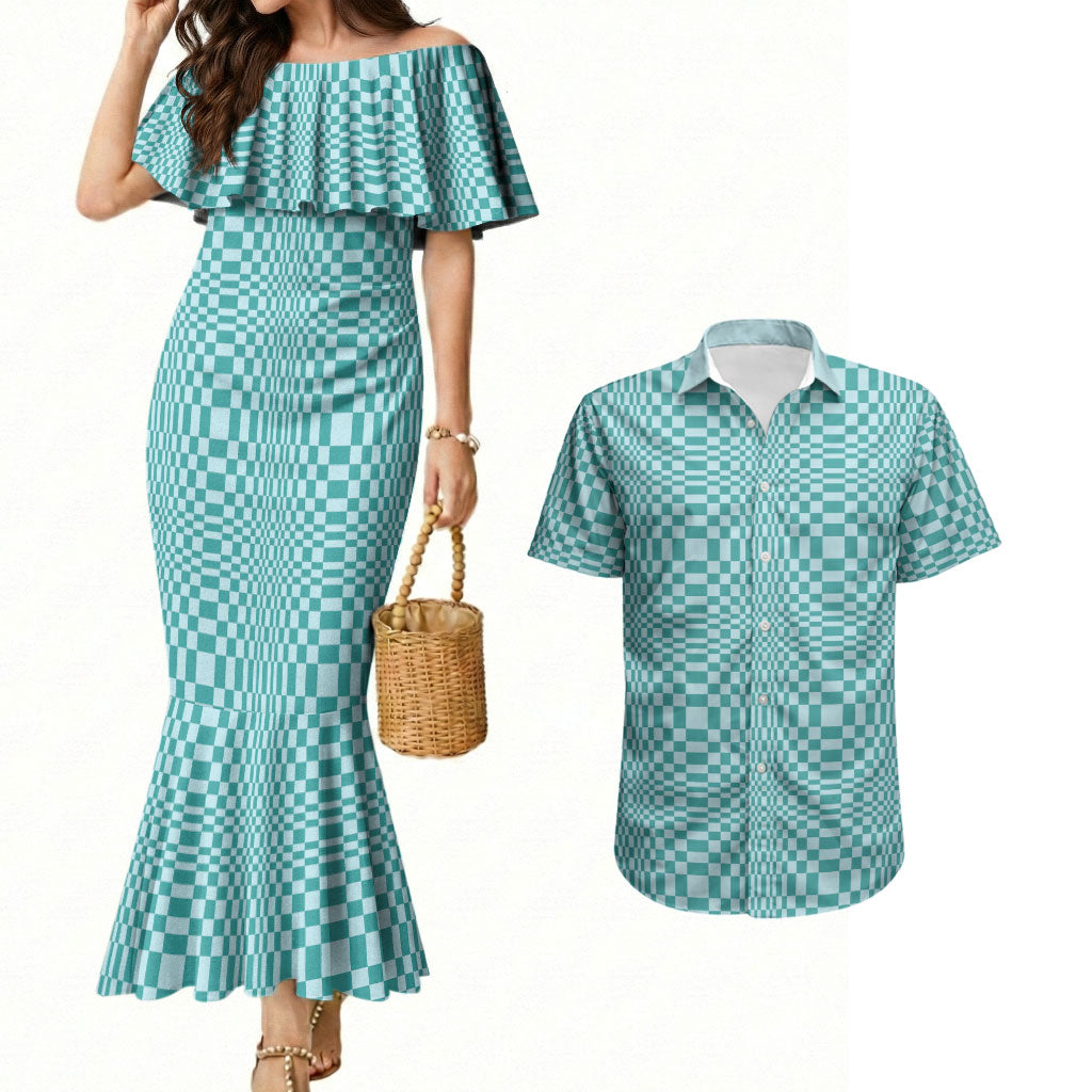 Cyan Filipino Binakol Motifs Couples Matching Mermaid Dress and Hawaiian Shirt Mabuhay Philippines Festival Kusikus Pattern