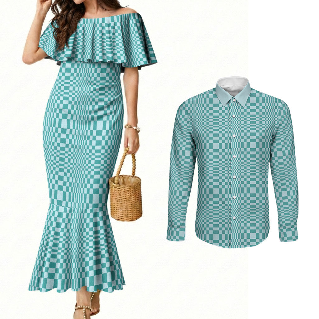 Cyan Filipino Binakol Motifs Couples Matching Mermaid Dress and Long Sleeve Button Shirt Mabuhay Philippines Festival Kusikus Pattern