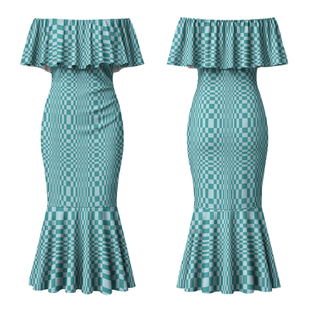 Cyan Filipino Binakol Motifs Couples Matching Mermaid Dress and Long Sleeve Button Shirt Mabuhay Philippines Festival Kusikus Pattern