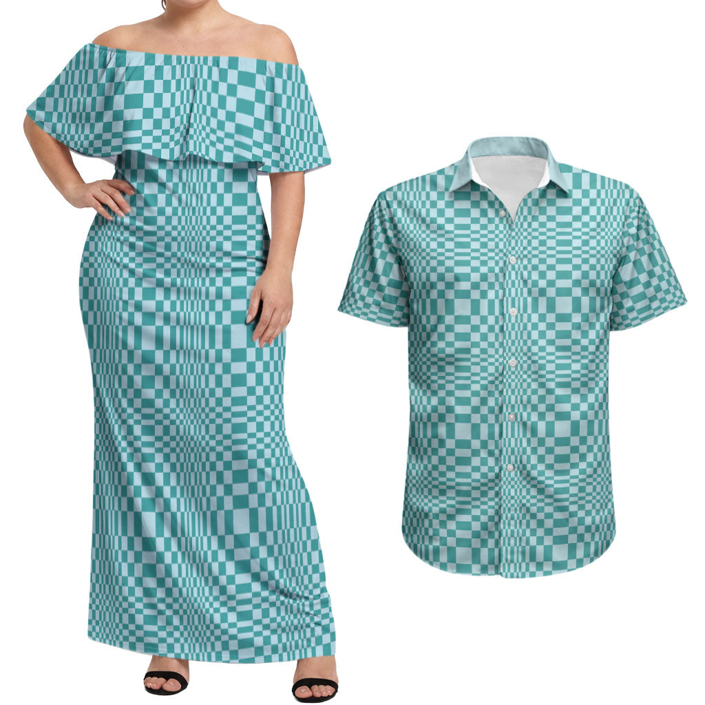 Cyan Filipino Binakol Motifs Couples Matching Off Shoulder Maxi Dress and Hawaiian Shirt Mabuhay Philippines Festival Kusikus Pattern