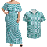 Cyan Filipino Binakol Motifs Couples Matching Off Shoulder Maxi Dress and Hawaiian Shirt Mabuhay Philippines Festival Kusikus Pattern