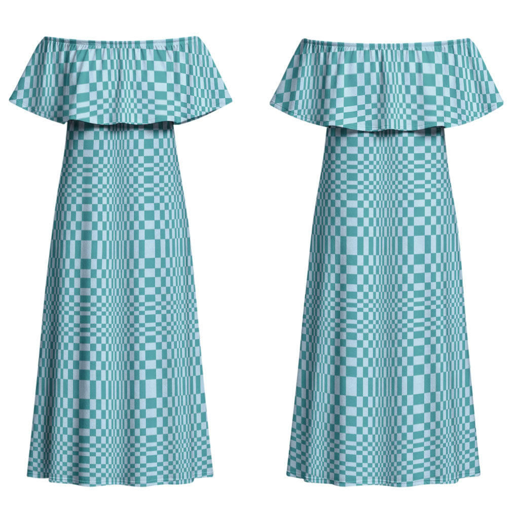 Cyan Filipino Binakol Motifs Couples Matching Off Shoulder Maxi Dress and Hawaiian Shirt Mabuhay Philippines Festival Kusikus Pattern