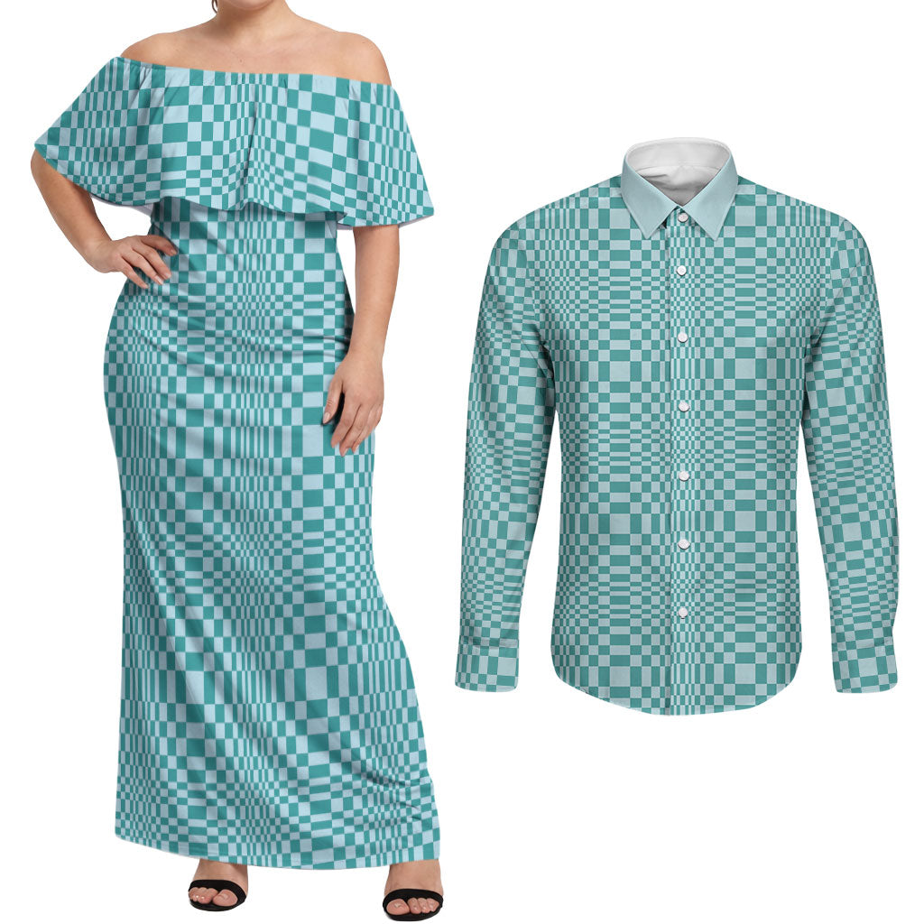 Cyan Filipino Binakol Motifs Couples Matching Off Shoulder Maxi Dress and Long Sleeve Button Shirt Mabuhay Philippines Festival Kusikus Pattern