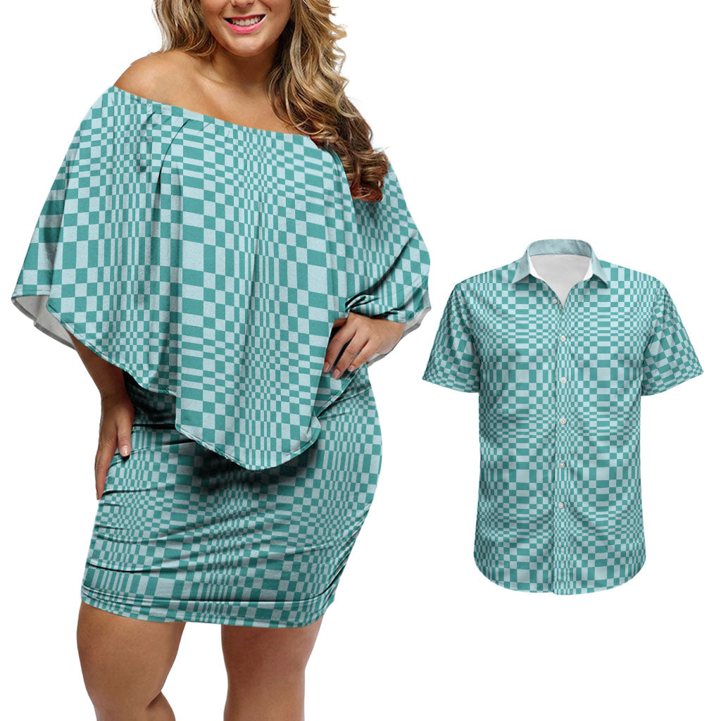 Cyan Filipino Binakol Motifs Couples Matching Off Shoulder Short Dress and Hawaiian Shirt Mabuhay Philippines Festival Kusikus Pattern