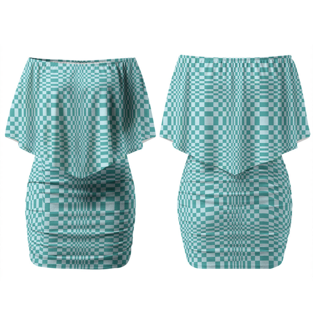 Cyan Filipino Binakol Motifs Couples Matching Off Shoulder Short Dress and Hawaiian Shirt Mabuhay Philippines Festival Kusikus Pattern