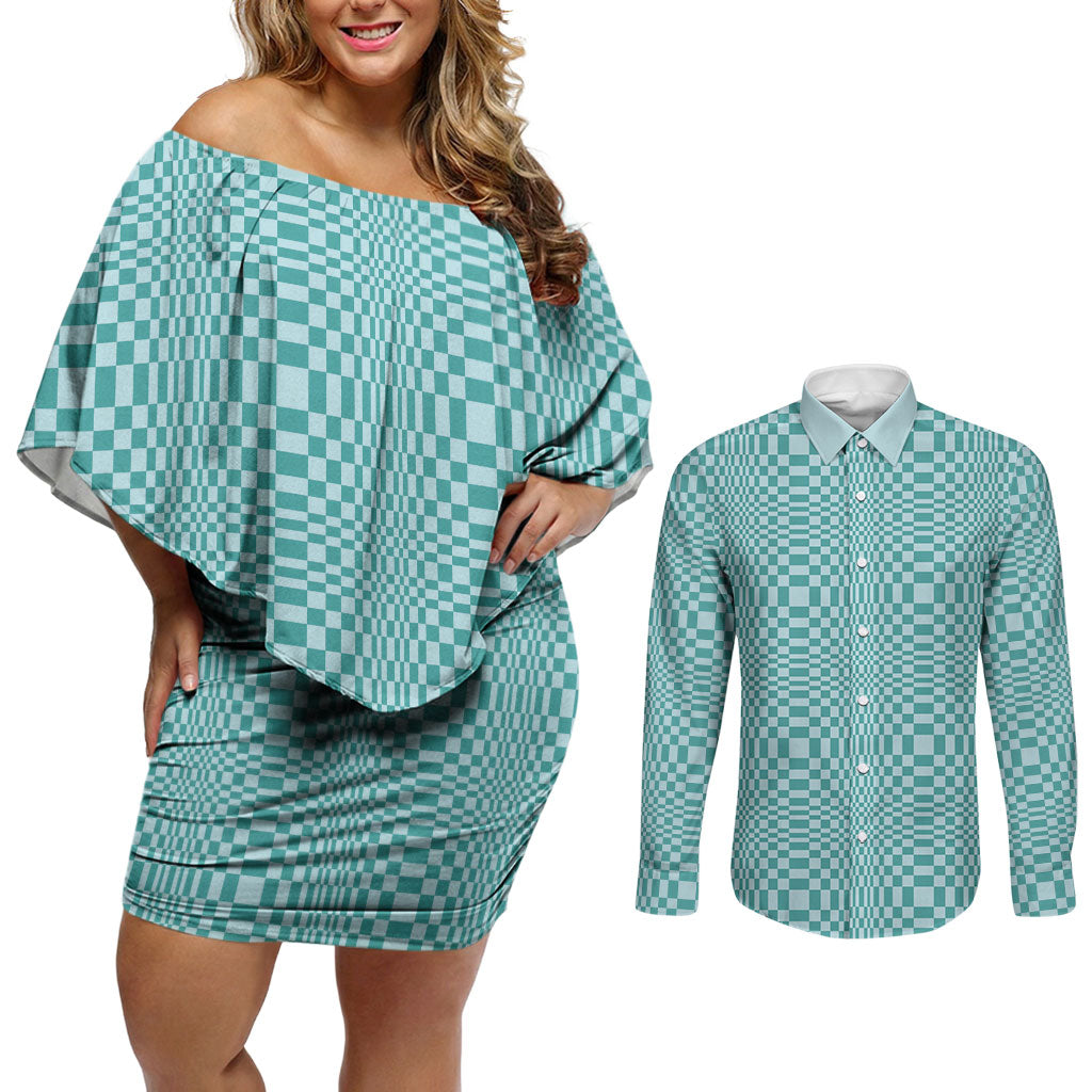 Cyan Filipino Binakol Motifs Couples Matching Off Shoulder Short Dress and Long Sleeve Button Shirt Mabuhay Philippines Festival Kusikus Pattern
