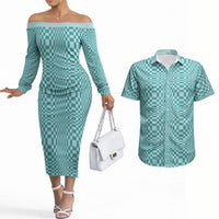 Cyan Filipino Binakol Motifs Couples Matching Off The Shoulder Long Sleeve Dress and Hawaiian Shirt Mabuhay Philippines Festival Kusikus Pattern