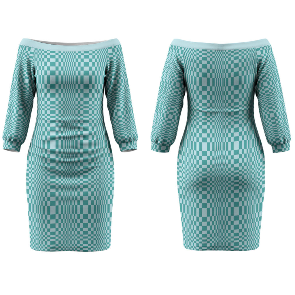 Cyan Filipino Binakol Motifs Couples Matching Off The Shoulder Long Sleeve Dress and Hawaiian Shirt Mabuhay Philippines Festival Kusikus Pattern