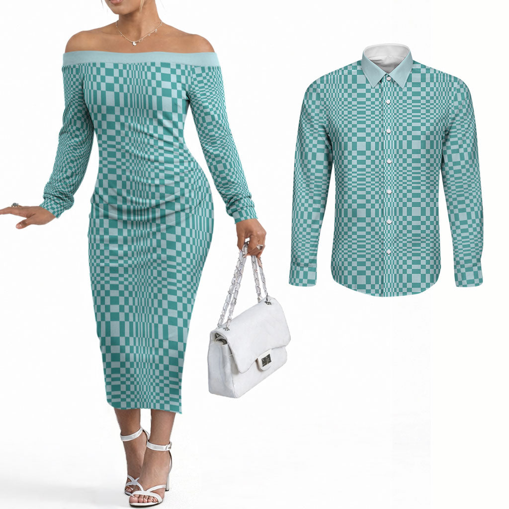 Cyan Filipino Binakol Motifs Couples Matching Off The Shoulder Long Sleeve Dress and Long Sleeve Button Shirt Mabuhay Philippines Festival Kusikus Pattern