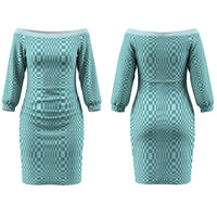 Cyan Filipino Binakol Motifs Couples Matching Off The Shoulder Long Sleeve Dress and Long Sleeve Button Shirt Mabuhay Philippines Festival Kusikus Pattern