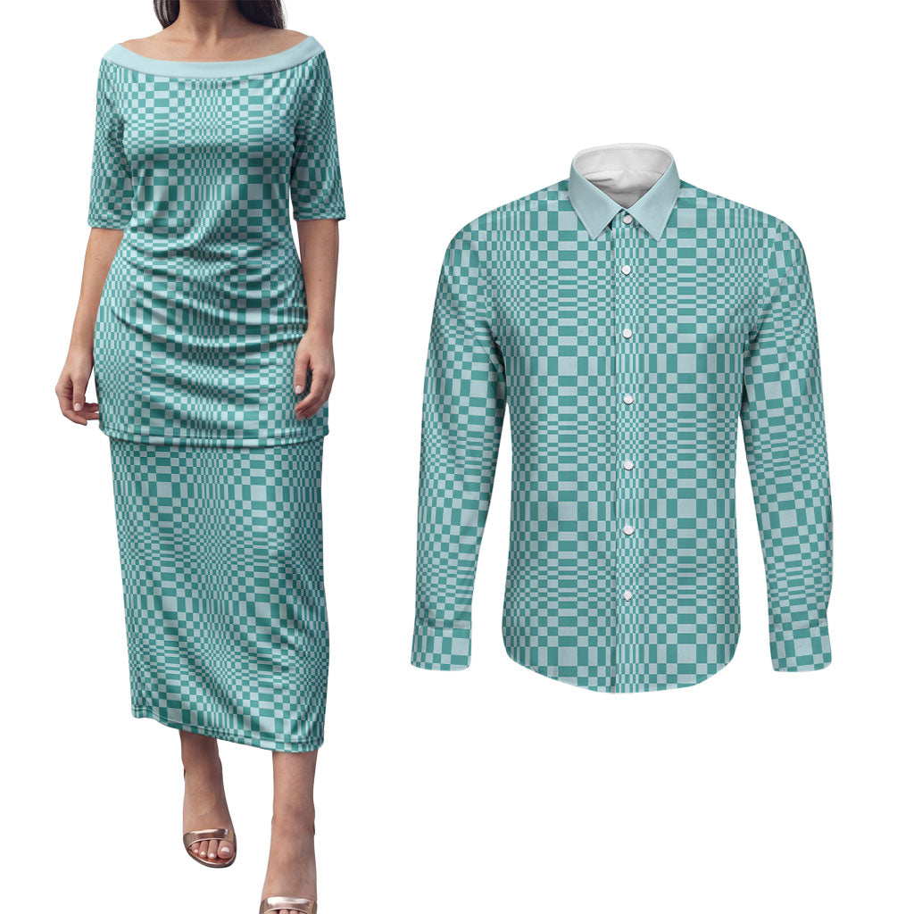 Cyan Filipino Binakol Motifs Couples Matching Puletasi and Long Sleeve Button Shirt Mabuhay Philippines Festival Kusikus Pattern