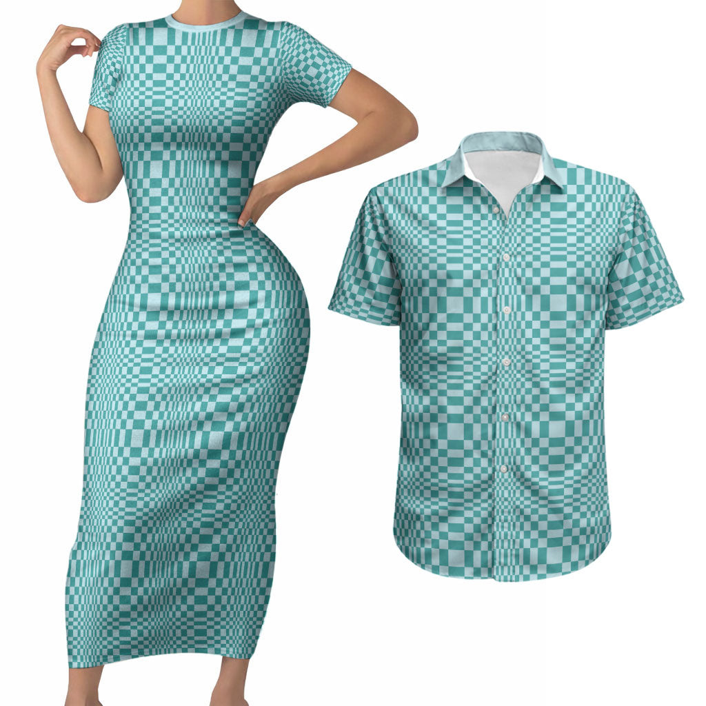 Cyan Filipino Binakol Motifs Couples Matching Short Sleeve Bodycon Dress and Hawaiian Shirt Mabuhay Philippines Festival Kusikus Pattern