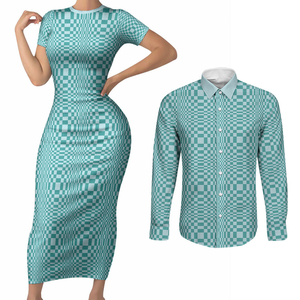 Cyan Filipino Binakol Motifs Couples Matching Short Sleeve Bodycon Dress and Long Sleeve Button Shirt Mabuhay Philippines Festival Kusikus Pattern