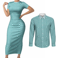 Cyan Filipino Binakol Motifs Couples Matching Short Sleeve Bodycon Dress and Long Sleeve Button Shirt Mabuhay Philippines Festival Kusikus Pattern