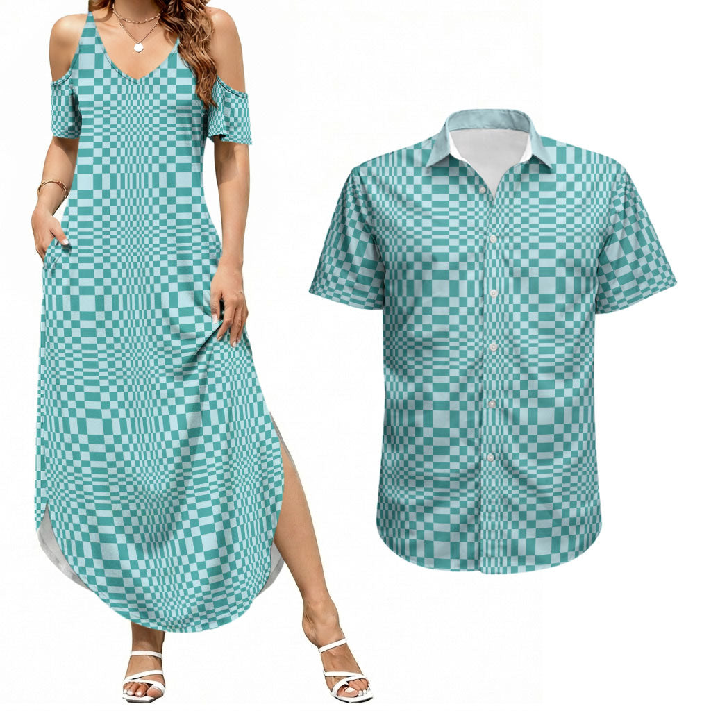 Cyan Filipino Binakol Motifs Couples Matching Summer Maxi Dress and Hawaiian Shirt Mabuhay Philippines Festival Kusikus Pattern