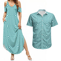 Cyan Filipino Binakol Motifs Couples Matching Summer Maxi Dress and Hawaiian Shirt Mabuhay Philippines Festival Kusikus Pattern