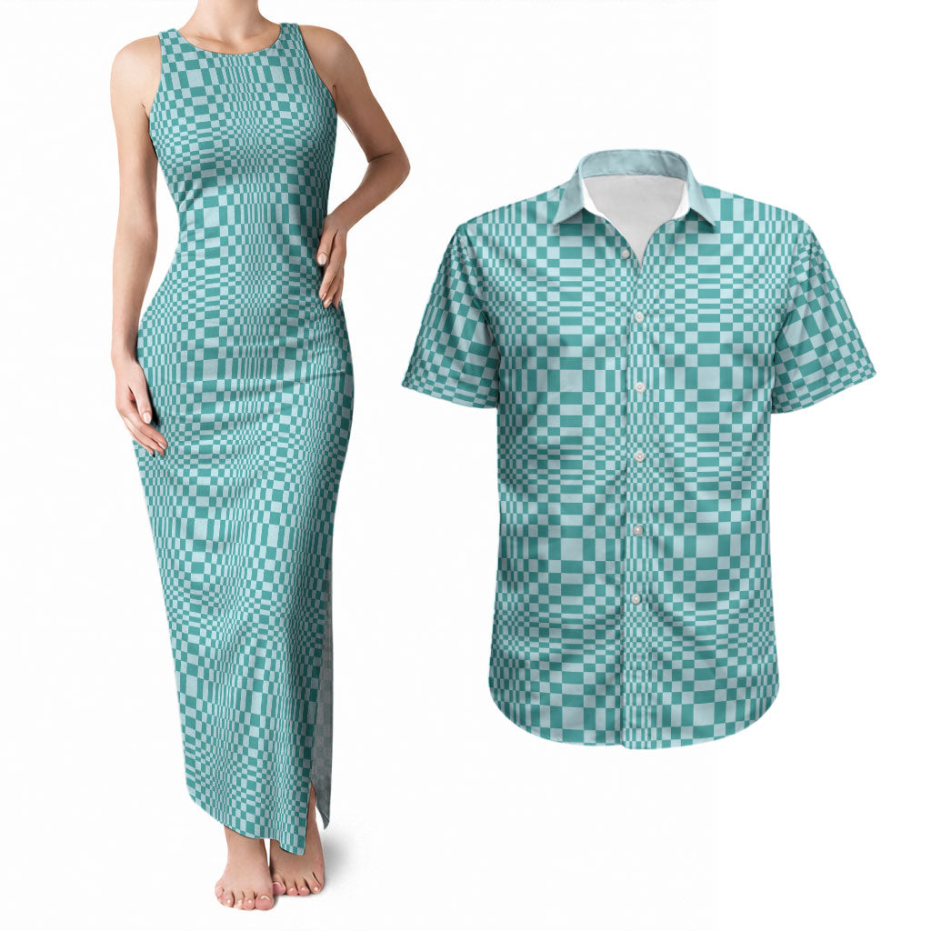 Cyan Filipino Binakol Motifs Couples Matching Tank Maxi Dress and Hawaiian Shirt Mabuhay Philippines Festival Kusikus Pattern