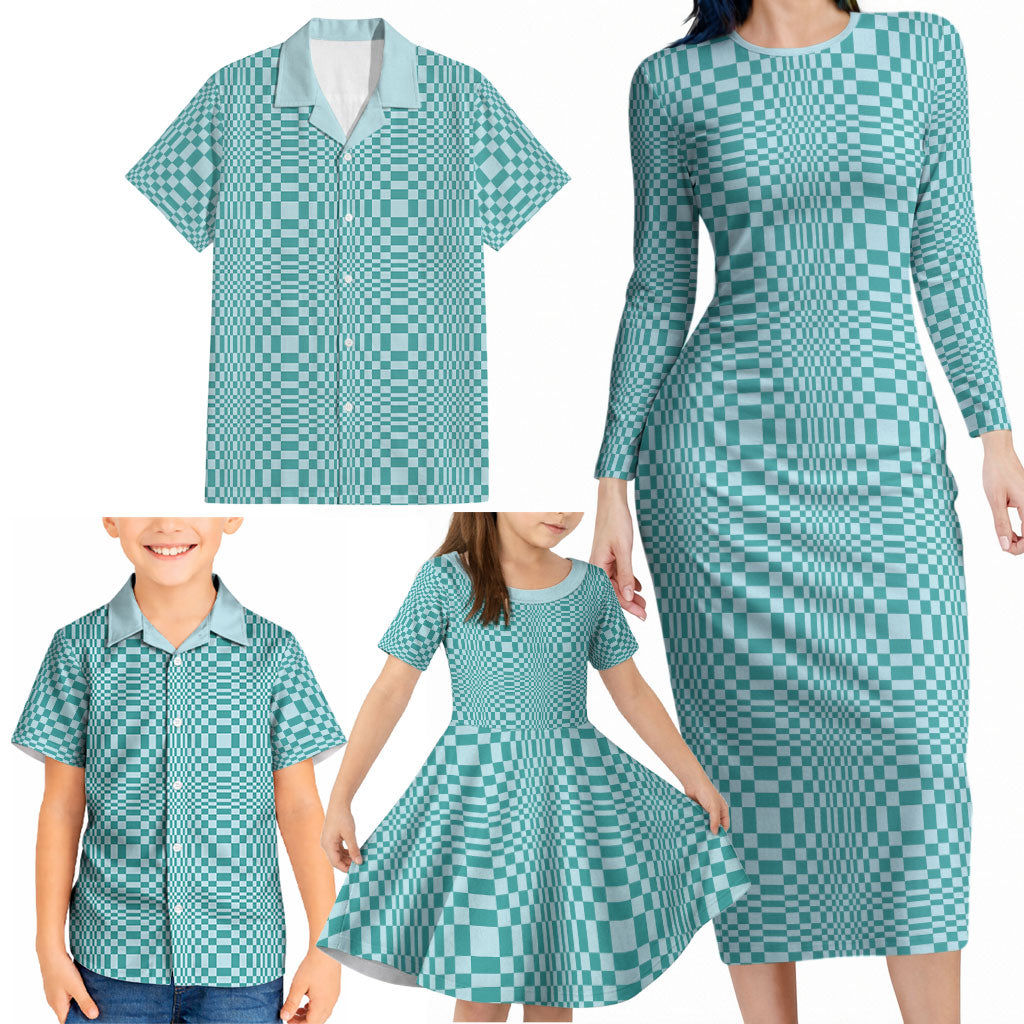 Cyan Filipino Binakol Motifs Family Matching Long Sleeve Bodycon Dress and Hawaiian Shirt Mabuhay Philippines Festival Kusikus Pattern