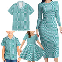 Cyan Filipino Binakol Motifs Family Matching Long Sleeve Bodycon Dress and Hawaiian Shirt Mabuhay Philippines Festival Kusikus Pattern