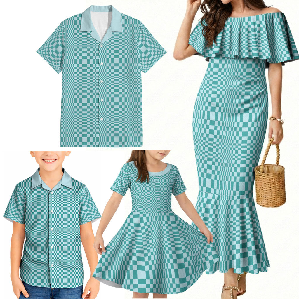 Cyan Filipino Binakol Motifs Family Matching Mermaid Dress and Hawaiian Shirt Mabuhay Philippines Festival Kusikus Pattern