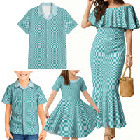 Cyan Filipino Binakol Motifs Family Matching Mermaid Dress and Hawaiian Shirt Mabuhay Philippines Festival Kusikus Pattern