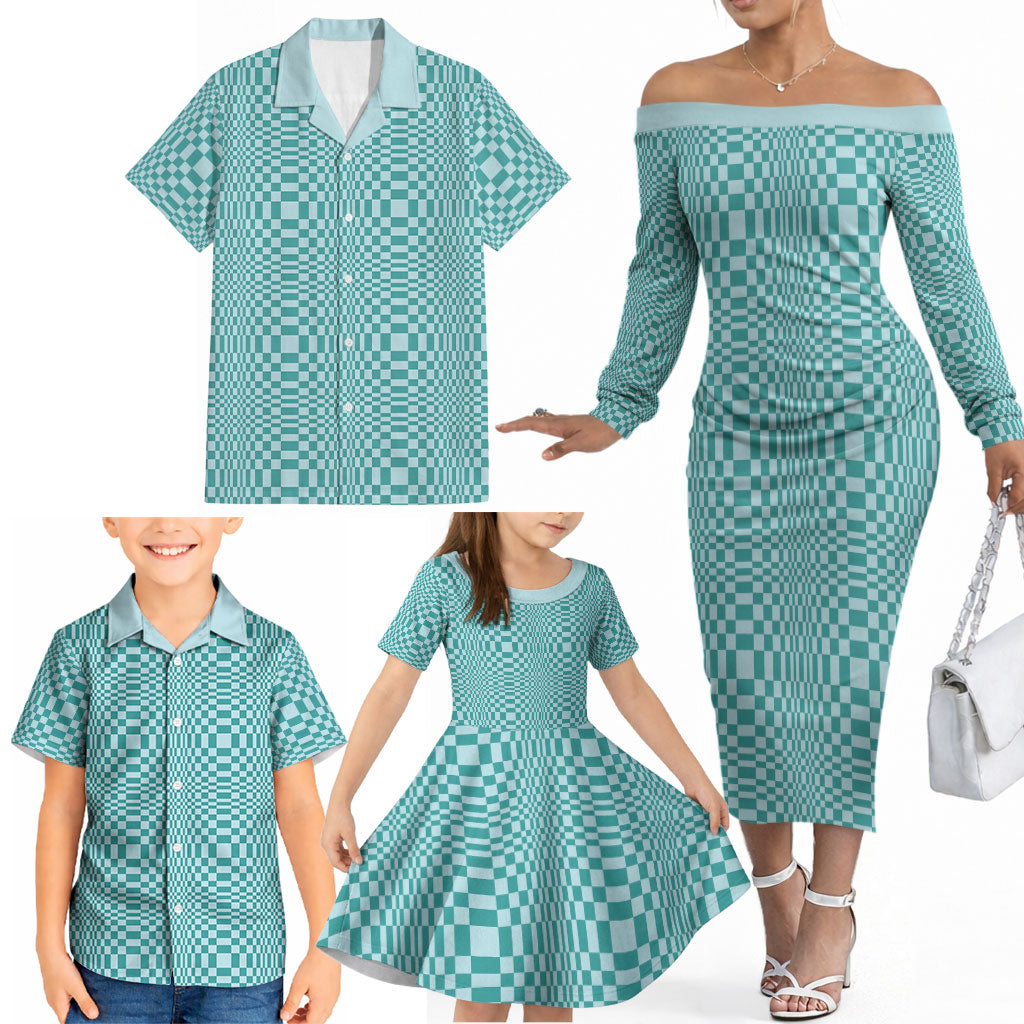 Cyan Filipino Binakol Motifs Family Matching Off The Shoulder Long Sleeve Dress and Hawaiian Shirt Mabuhay Philippines Festival Kusikus Pattern