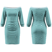 Cyan Filipino Binakol Motifs Family Matching Off The Shoulder Long Sleeve Dress and Hawaiian Shirt Mabuhay Philippines Festival Kusikus Pattern