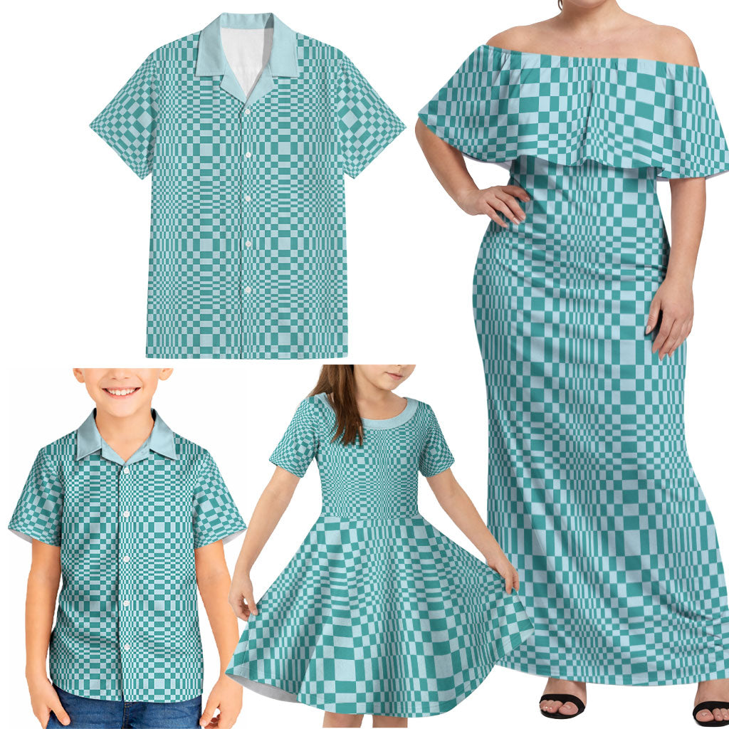 Cyan Filipino Binakol Motifs Family Matching Off Shoulder Maxi Dress and Hawaiian Shirt Mabuhay Philippines Festival Kusikus Pattern LT14 - Polynesian Pride