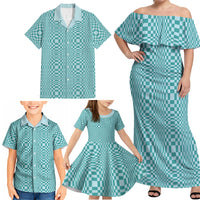 Cyan Filipino Binakol Motifs Family Matching Off Shoulder Maxi Dress and Hawaiian Shirt Mabuhay Philippines Festival Kusikus Pattern