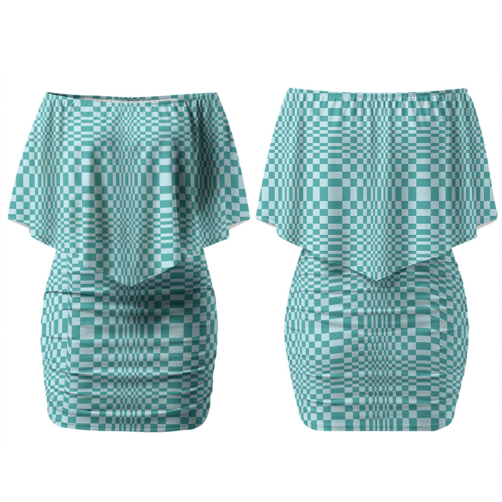 Cyan Filipino Binakol Motifs Family Matching Off Shoulder Short Dress and Hawaiian Shirt Mabuhay Philippines Festival Kusikus Pattern