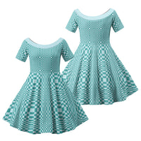 Cyan Filipino Binakol Motifs Family Matching Off Shoulder Short Dress and Hawaiian Shirt Mabuhay Philippines Festival Kusikus Pattern