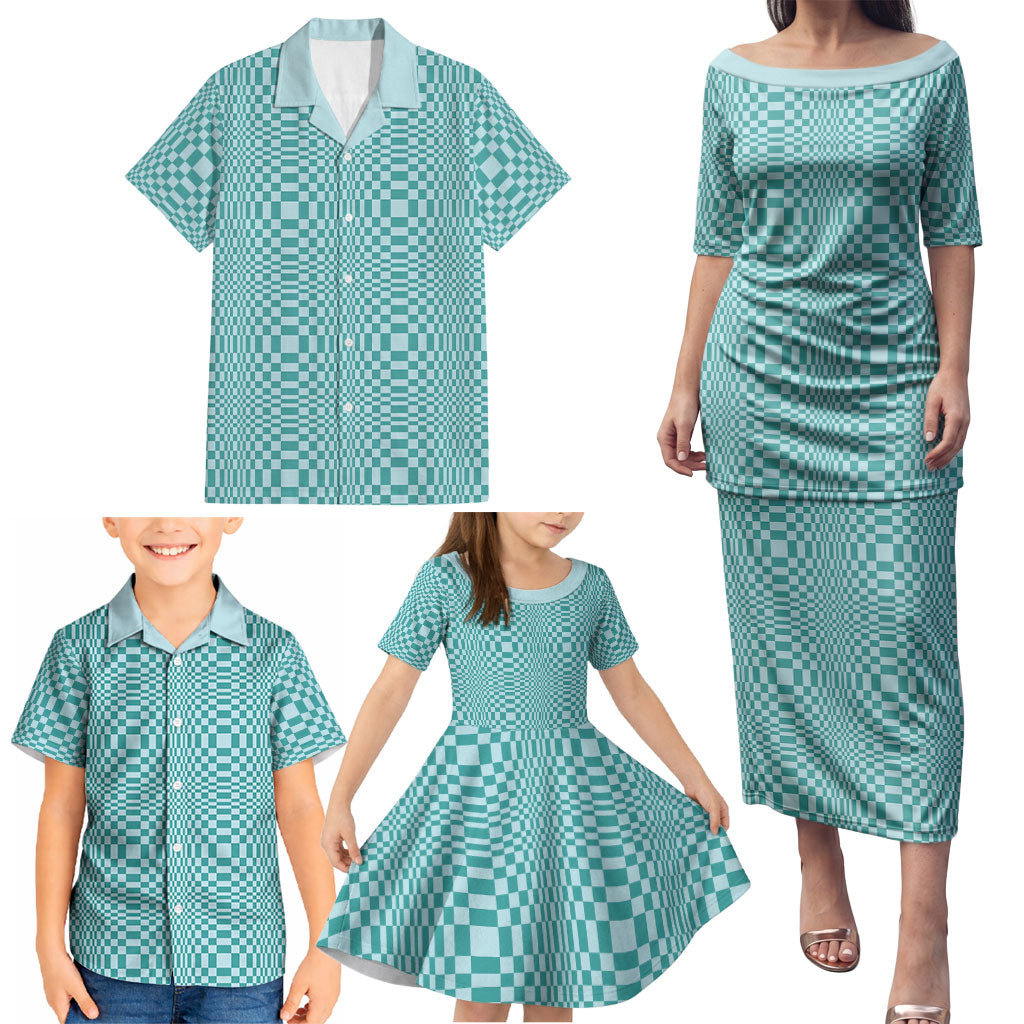 Cyan Filipino Binakol Motifs Family Matching Puletasi and Hawaiian Shirt Mabuhay Philippines Festival Kusikus Pattern