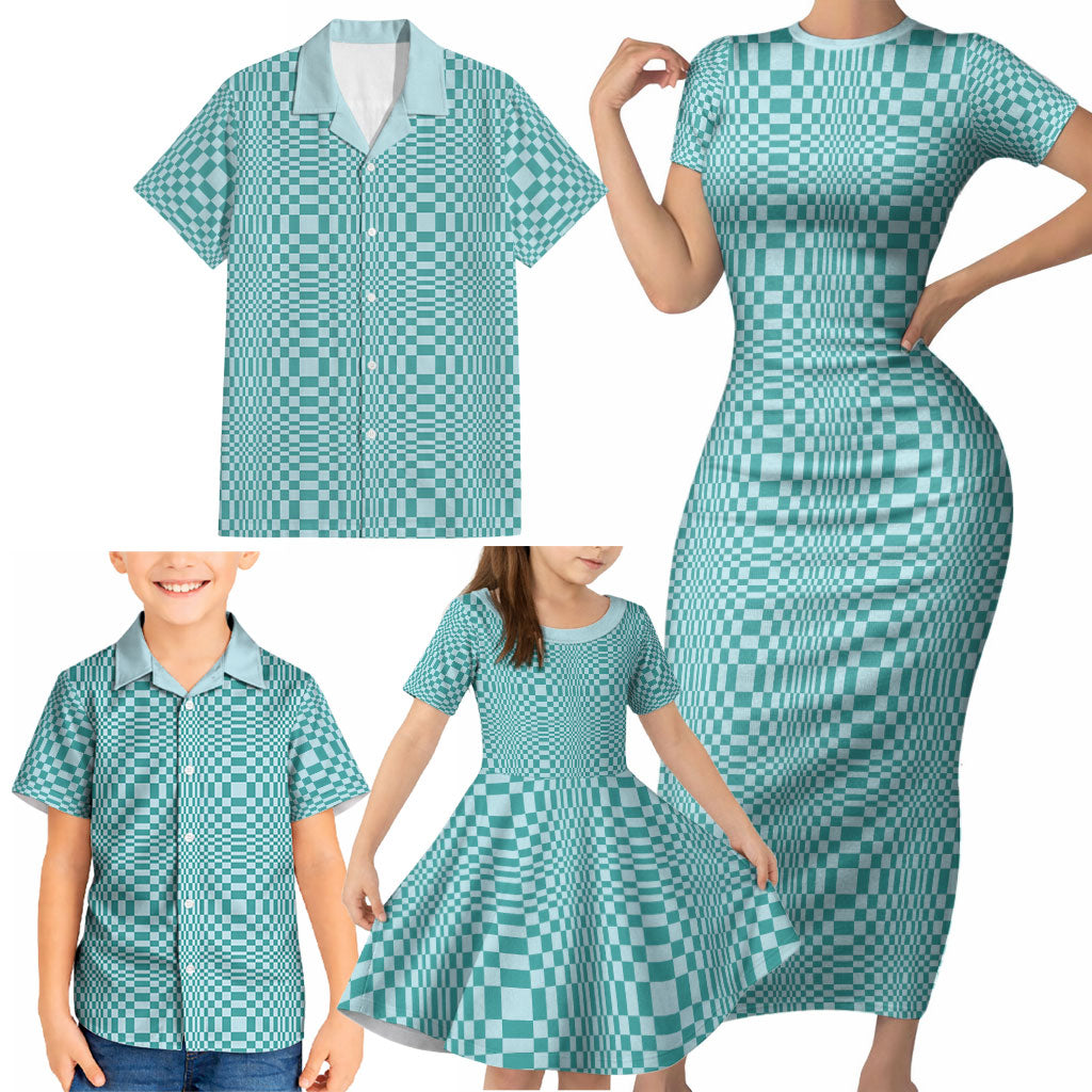 Cyan Filipino Binakol Motifs Family Matching Short Sleeve Bodycon Dress and Hawaiian Shirt Mabuhay Philippines Festival Kusikus Pattern
