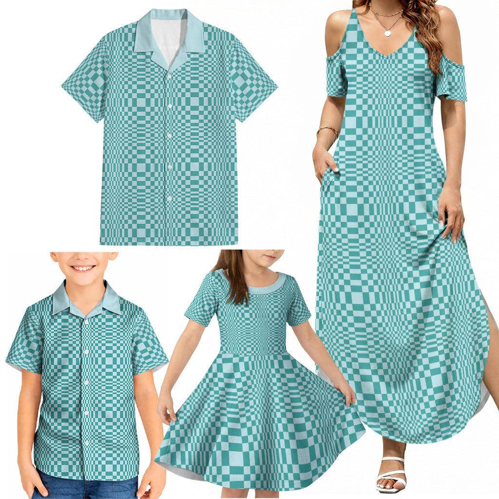 Cyan Filipino Binakol Motifs Family Matching Summer Maxi Dress and Hawaiian Shirt Mabuhay Philippines Festival Kusikus Pattern