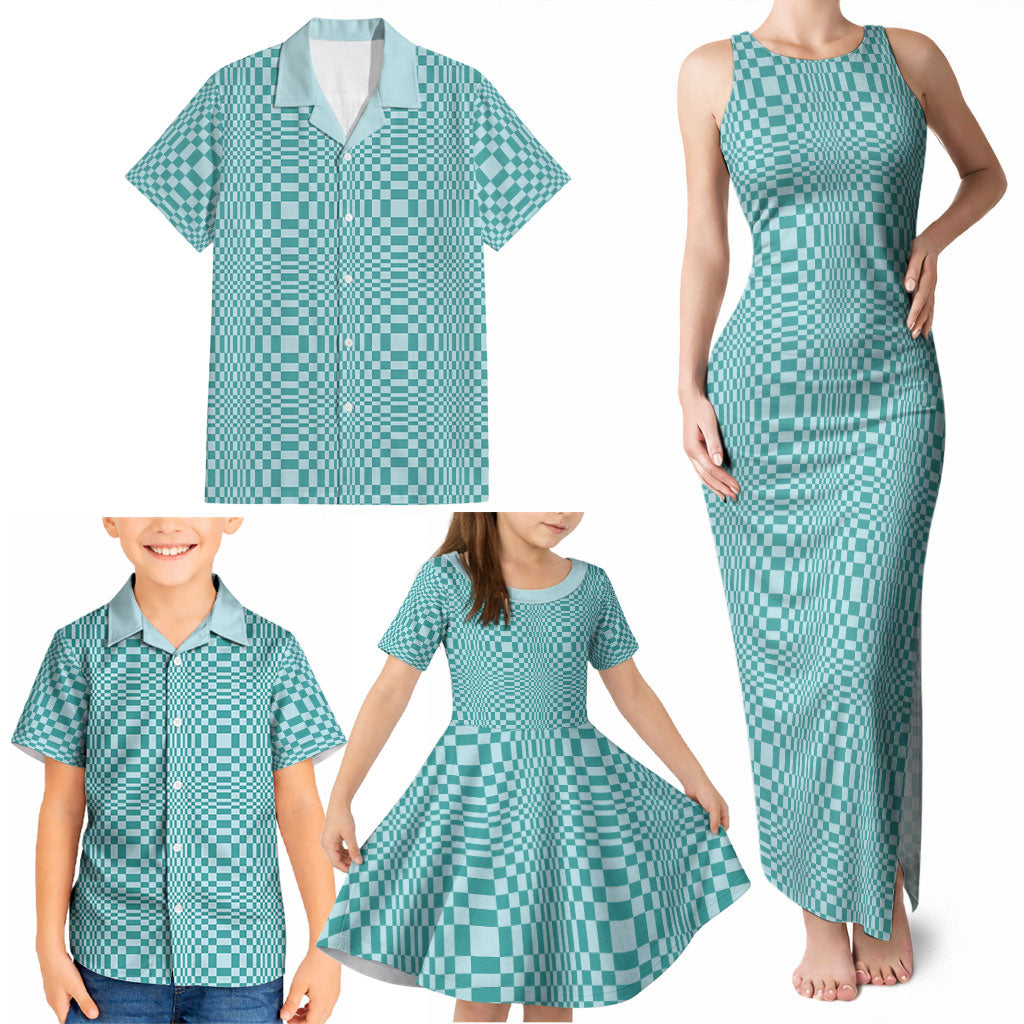 Cyan Filipino Binakol Motifs Family Matching Tank Maxi Dress and Hawaiian Shirt Mabuhay Philippines Festival Kusikus Pattern