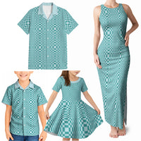 Cyan Filipino Binakol Motifs Family Matching Tank Maxi Dress and Hawaiian Shirt Mabuhay Philippines Festival Kusikus Pattern