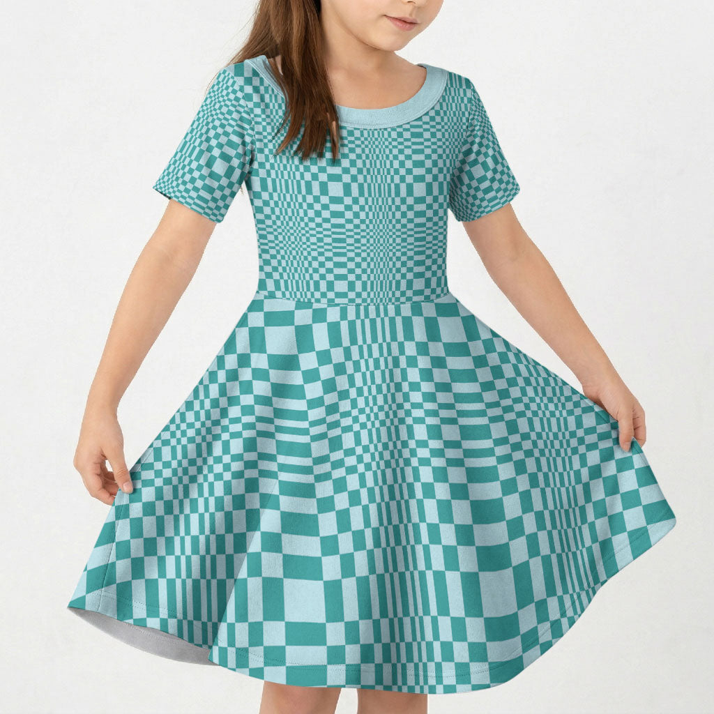 Cyan Filipino Binakol Motifs Kid Short Sleeve Dress Mabuhay Philippines Festival Kusikus Pattern