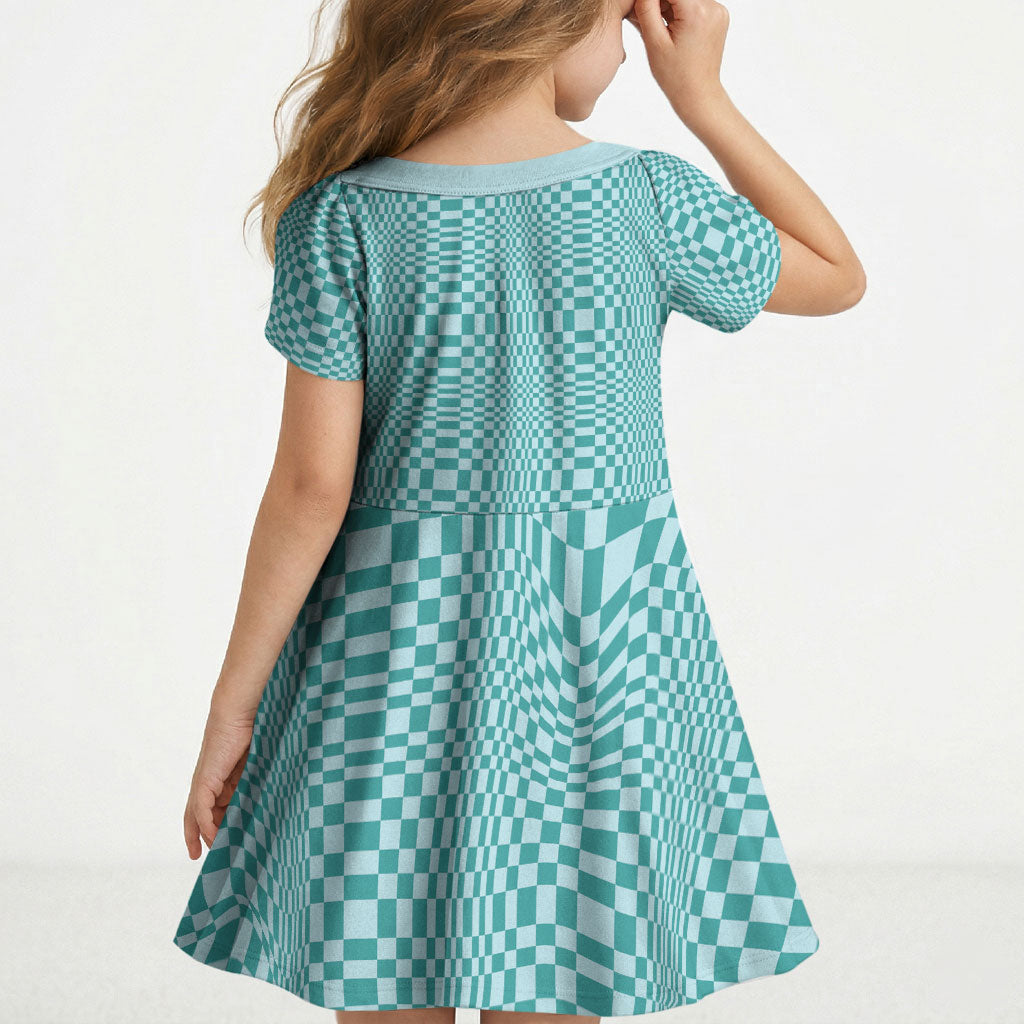 Cyan Filipino Binakol Motifs Kid Short Sleeve Dress Mabuhay Philippines Festival Kusikus Pattern