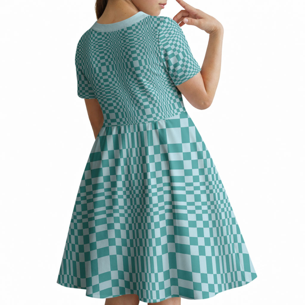 Cyan Filipino Binakol Motifs Kid Short Sleeve Dress Mabuhay Philippines Festival Kusikus Pattern