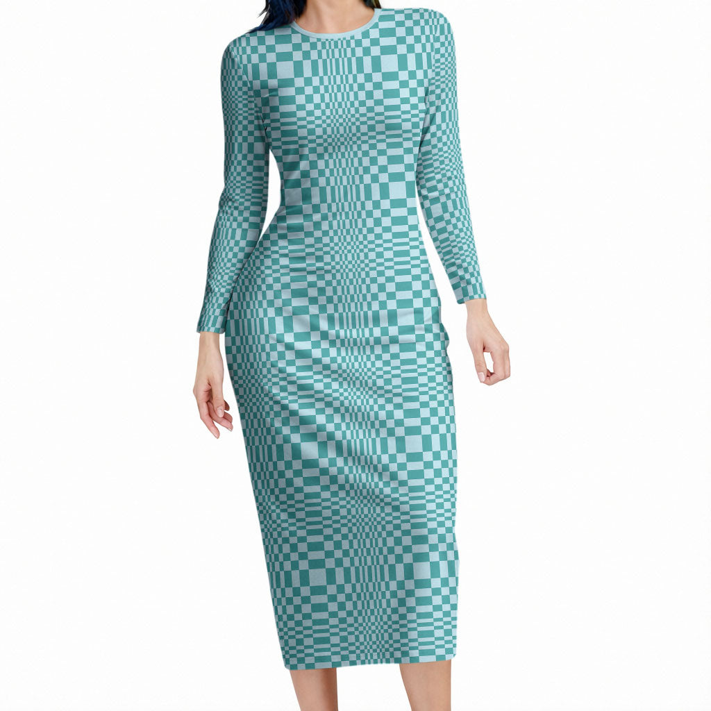 Cyan Filipino Binakol Motifs Long Sleeve Bodycon Dress Mabuhay Philippines Festival Kusikus Pattern