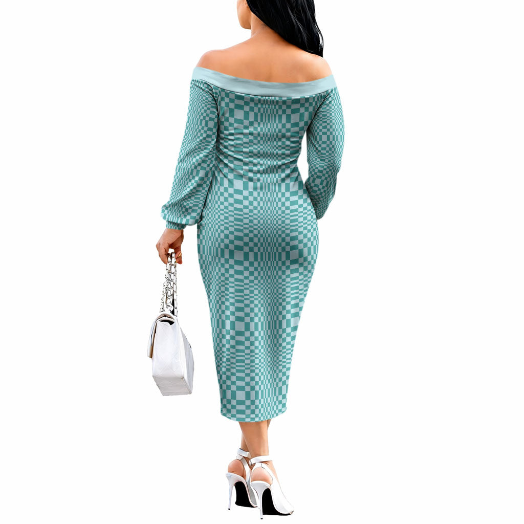 Cyan Filipino Binakol Motifs Off The Shoulder Long Sleeve Dress Mabuhay Philippines Festival Kusikus Pattern