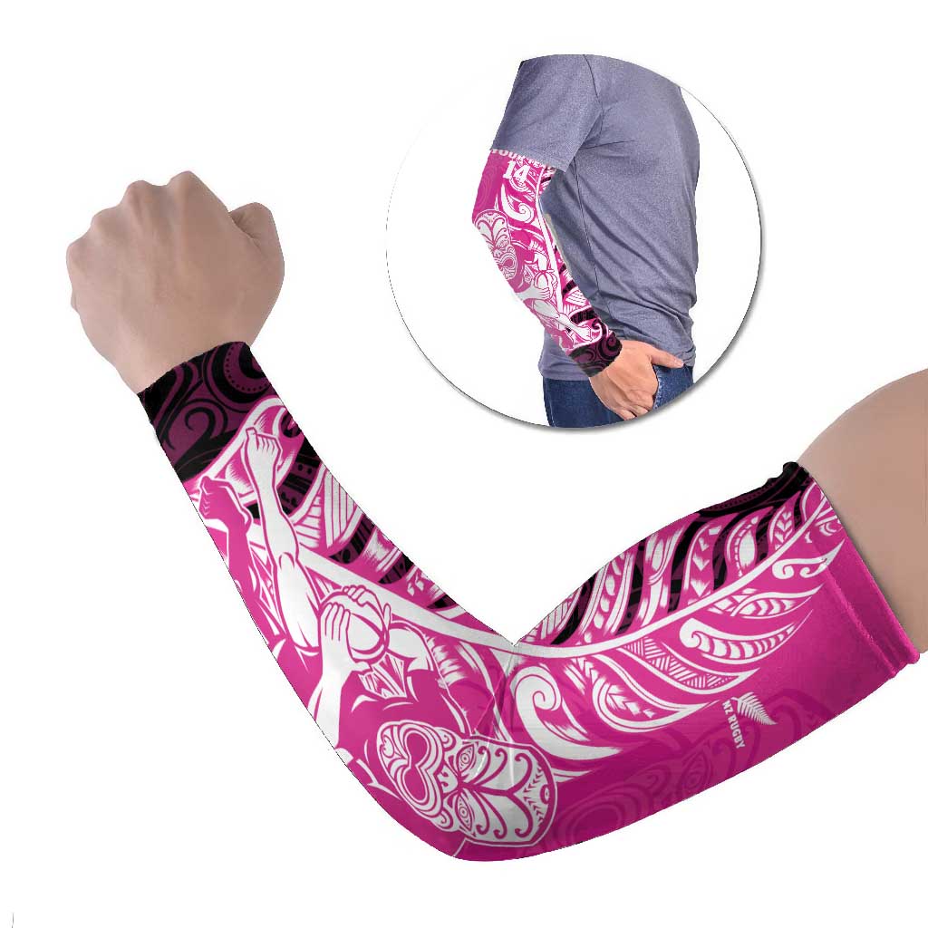 New Zealand Silver Fern Rugby Custom Arm Sleeves All Black Maori Pattern Pink - Polynesian Pride
